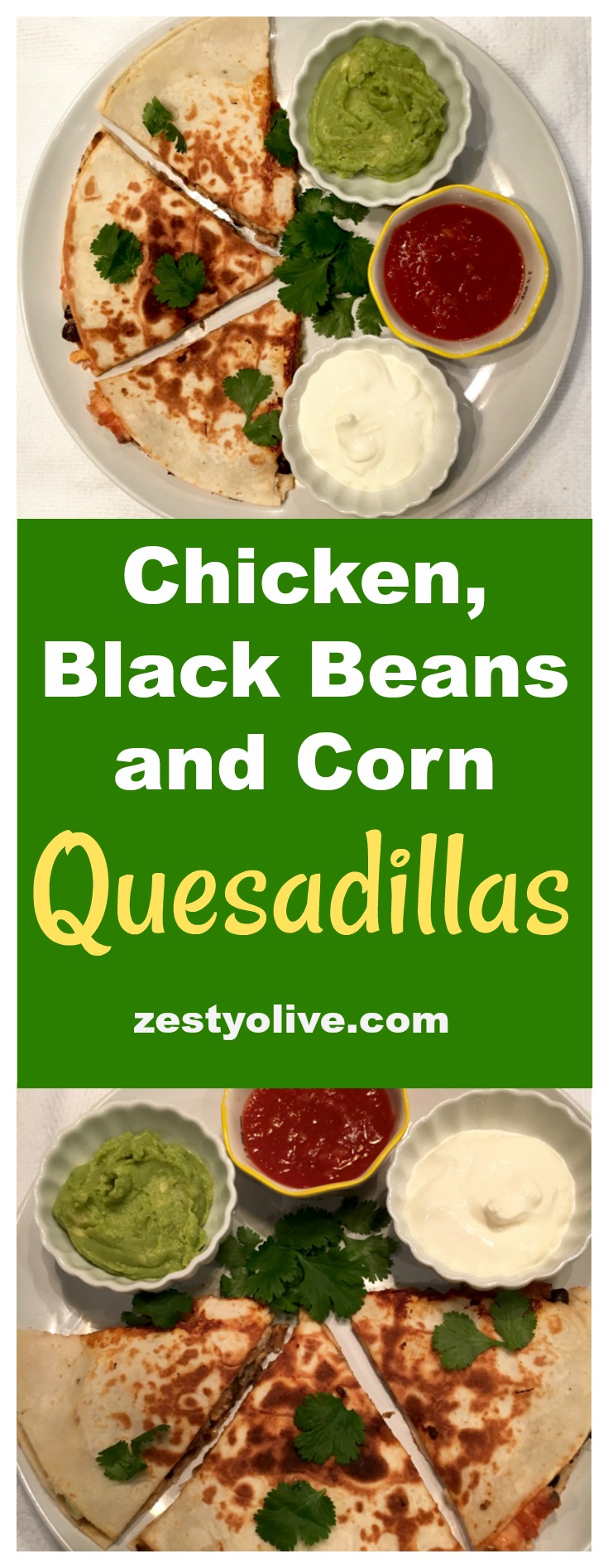 Easy, cheesy, Chicken, Black Bean and Corn Quesadillas are a tasty and quick meal that your kids and family will love! 