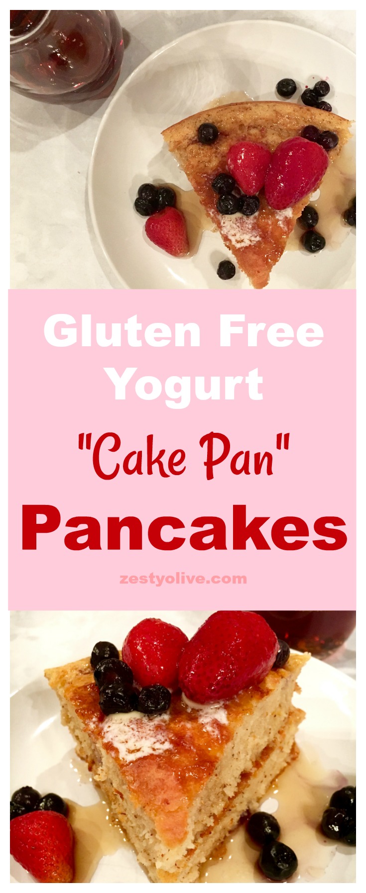 Don't want to stand over a hot griddle flipping and waiting for your pancakes? Try my simple oven bake method and give these healthy Gluten Free Yogurt Cake Pan Pancakes a try today. This is possibly the easiest way to make pancakes!