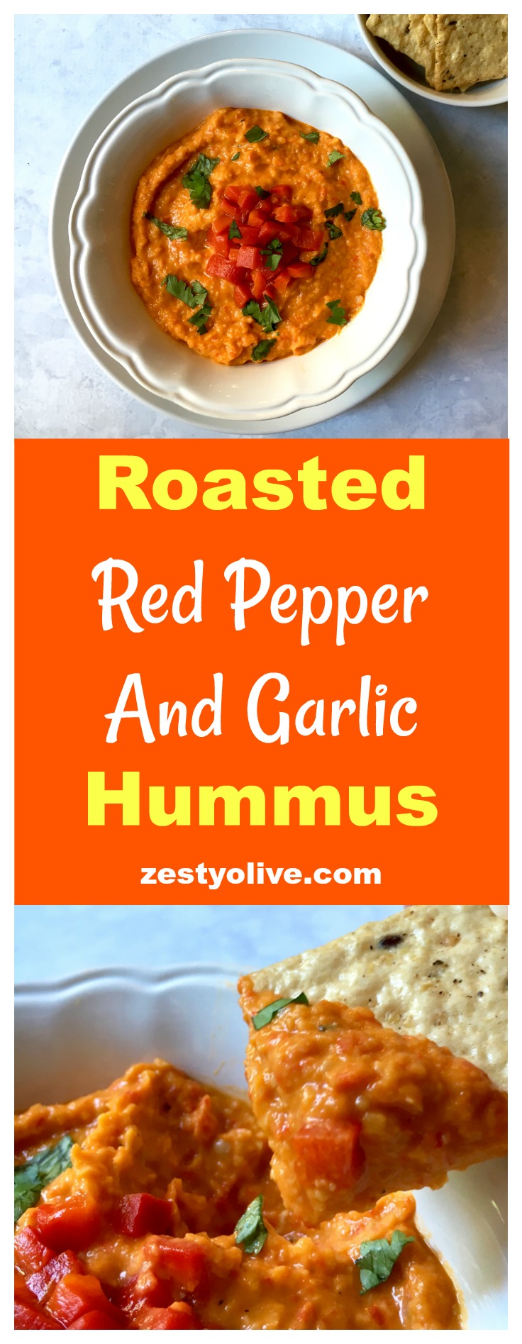 Roasted Red Pepper And Garlic Hummus - a quick and easy appetizer dip for hummus lovers!