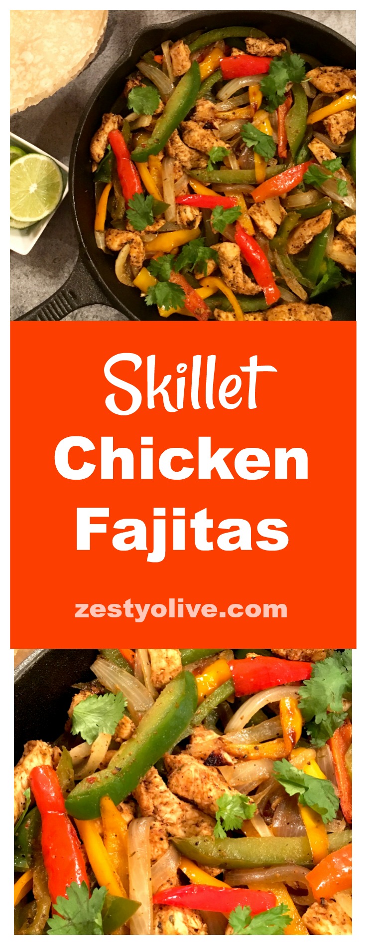 Here's my take on easy, zesty, skillet chicken fajitas, sizzled to perfection in a cast iron skillet.