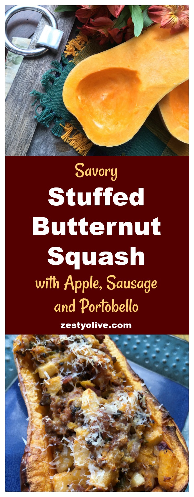 This savory Stuffed Butternut Squash with Apple, Sausage and Portobello is a must-have dish for your Thanksgiving and Christmas holiday table.
