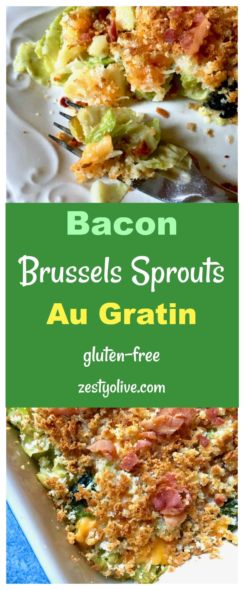 Bacon Brussels Sprouts Au Gratin makes a perfect holiday side dish for Thanksgiving and Christmas. This zesty recipe combines Brussels sprouts with two cheeses, bacon, garlic, yummy cream and a topping of breadcrumbs, which can be gluten-free if you need it to be!