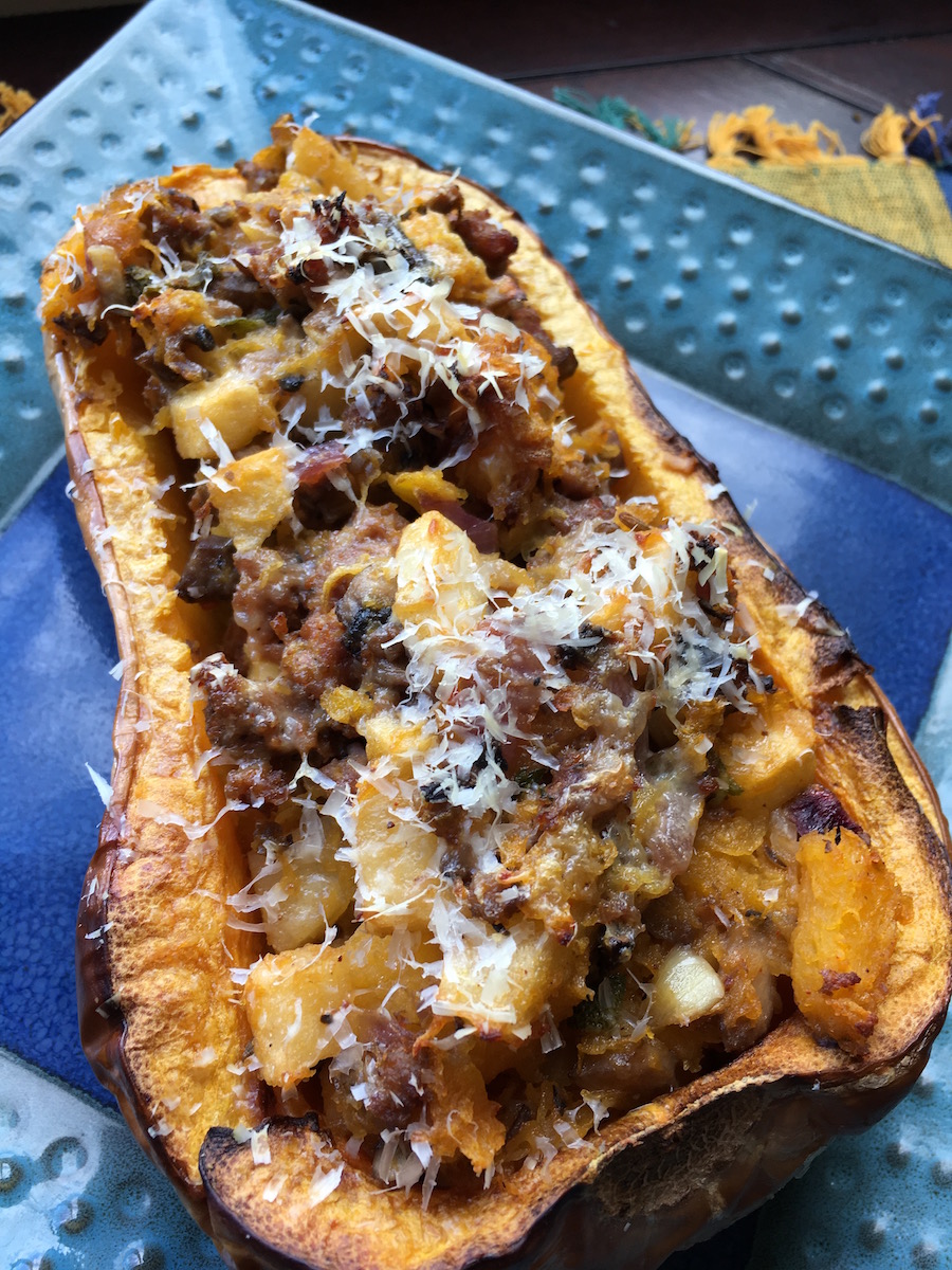 Stuffed Butternut Squash with Apple, Sausage and Portobello