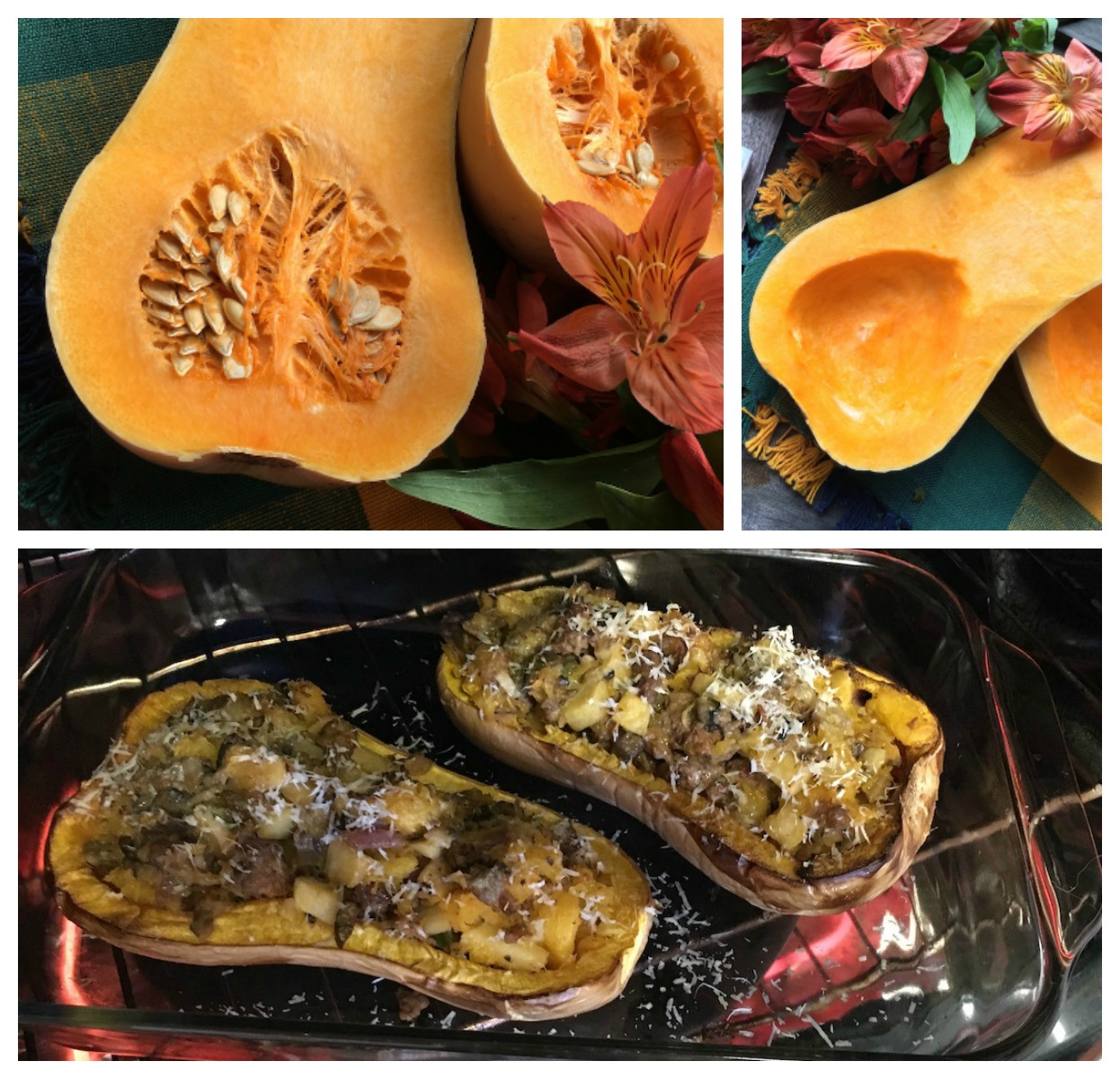 Stuffed Butternut Squash with Apple, Sausage and Portobello collage