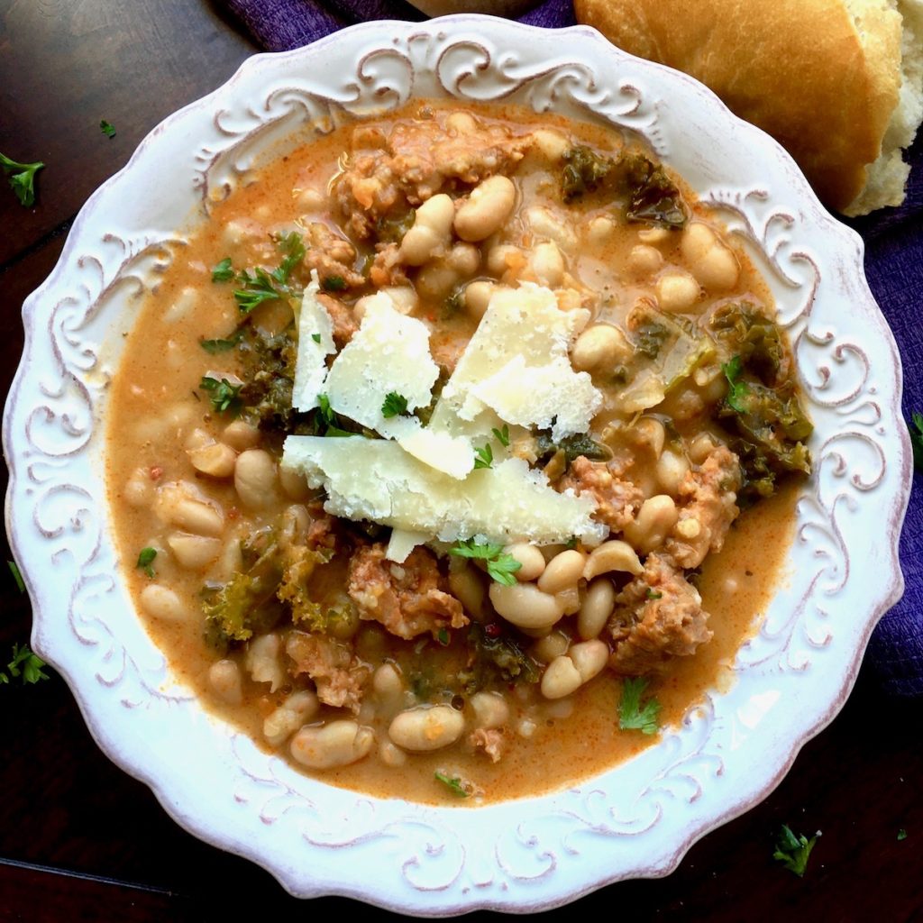 Dutch Oven White Bean Spicy Sausage And Kale Soup Zesty Olive