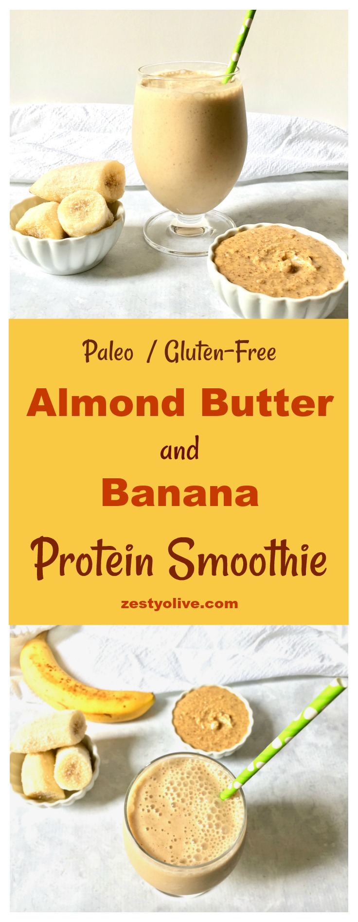 This Almond Butter and Banana Protein Smoothie is healthy, paleo and gluten-free.