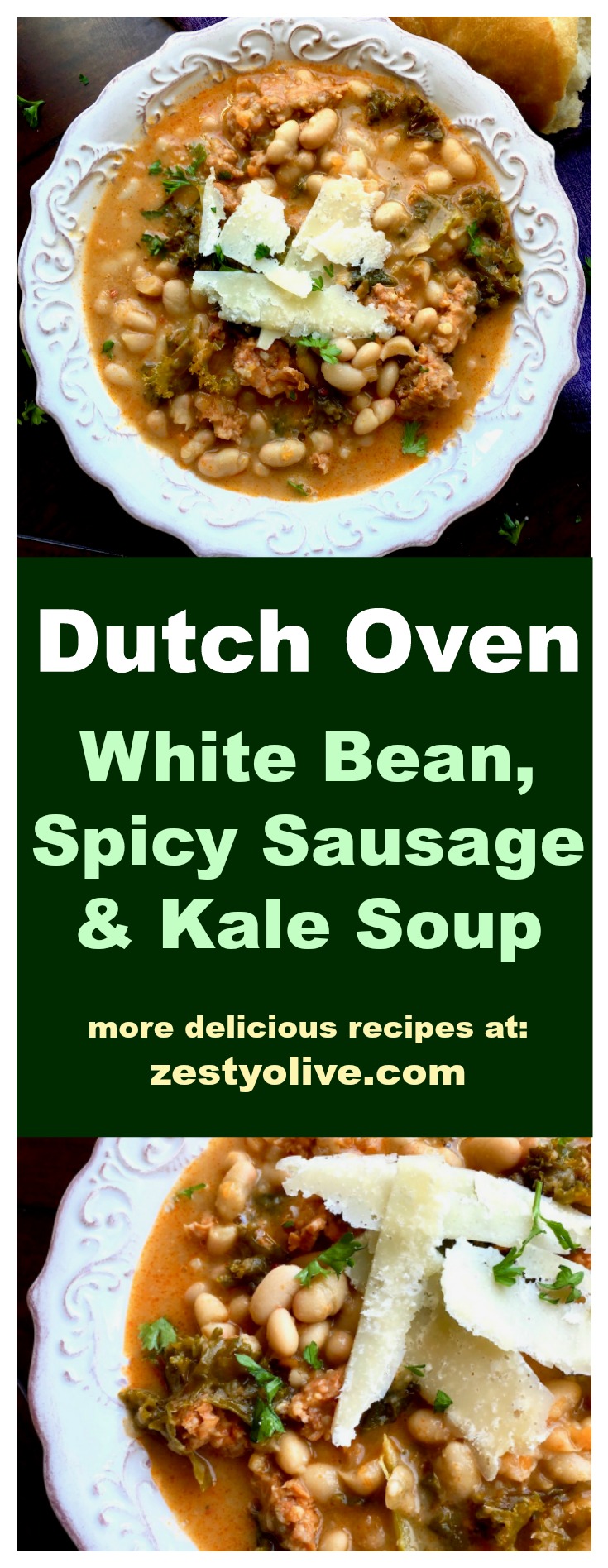 This delicious Dutch Oven White Bean, Spicy Sausage and Kale Soup is pure comfort food for the fall and winter seasons.