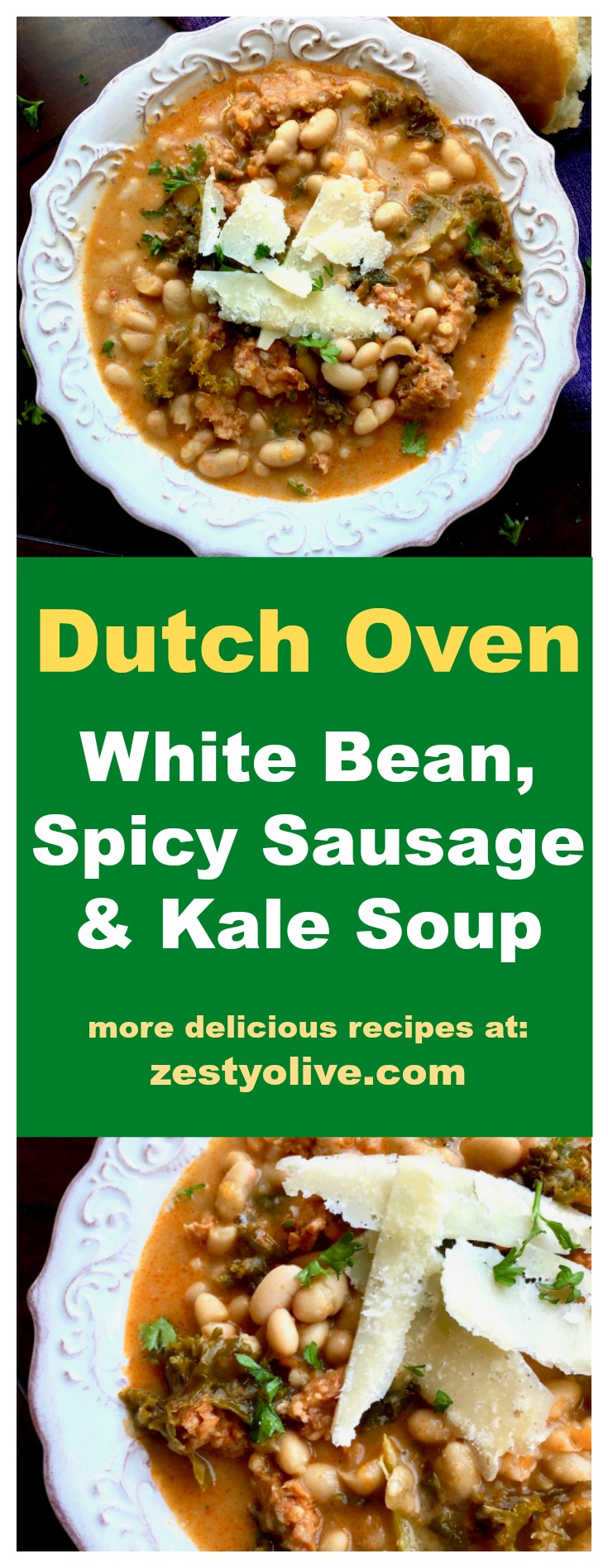 This delicious Dutch Oven White Bean, Spicy Sausage and Kale Soup is pure comfort food for the fall and winter seasons.