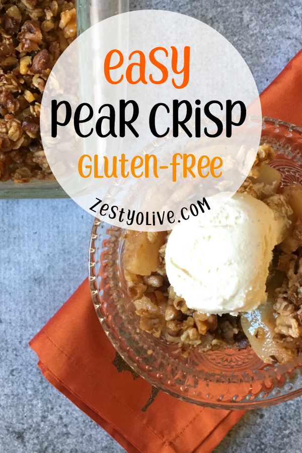 This Easy Pear Crisp is the perfect dessert for fall. Spiced with cinnamon, ginger and vanilla, it’s also a gluten-free, paleo and vegan option for those looking for a healthy harvest dessert.