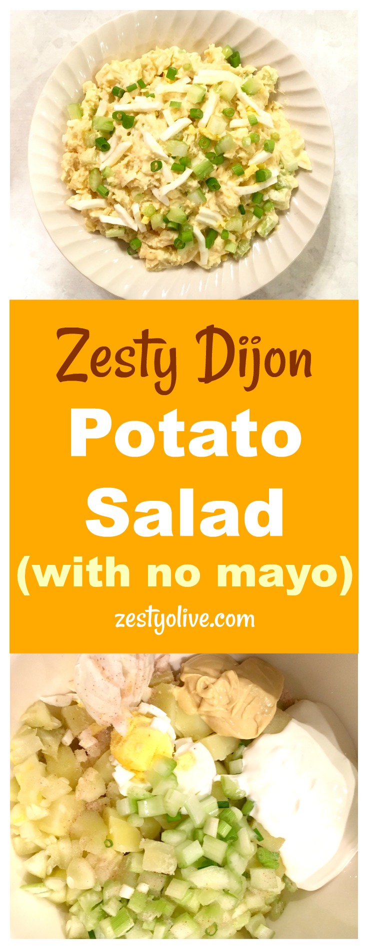 This Easy No Mayo Potato Salad Recipe is will become a favorite at your next picnic, BBQ or potluck. This potato salad is elevated by the spicy addition of Dijon mustard. Sour cream replaces the mayonnaise and the addition of egg, celery, green onions and dill pickle make this a zesty potato salad worthy of your next gathering.