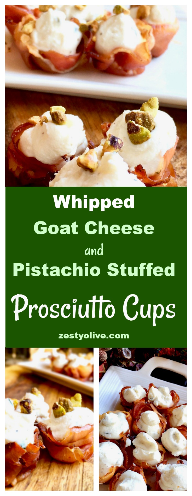Impress your guests with this elegant, yet easy appetizer of whipped goat cheese stuffed prosciutto cups topped with crushed pistachios.