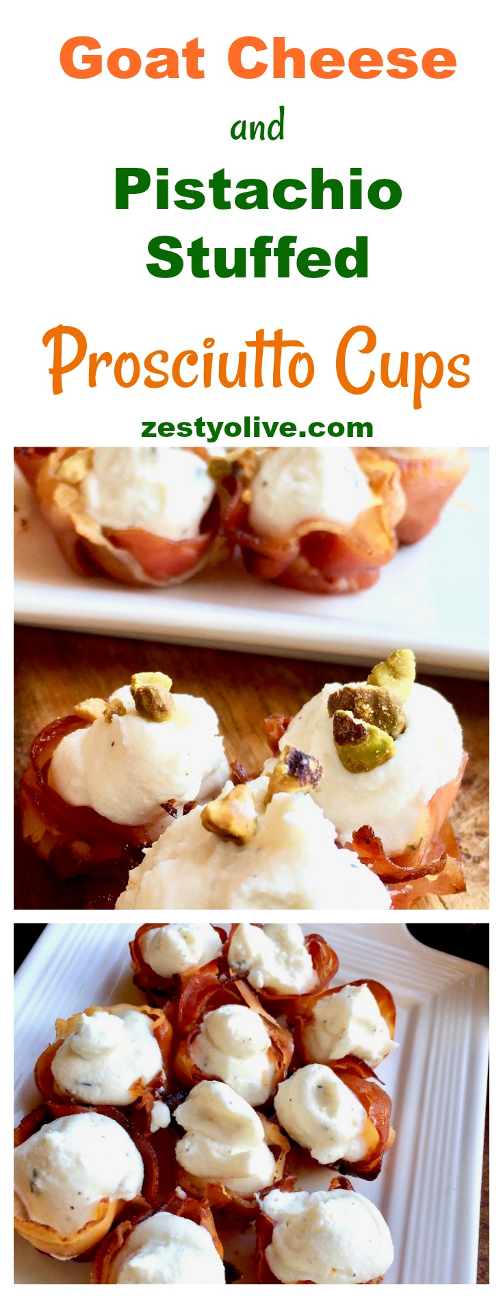 Impress your guests with this elegant, yet easy appetizer of whipped goat cheese stuffed prosciutto cups topped with crushed pistachios.