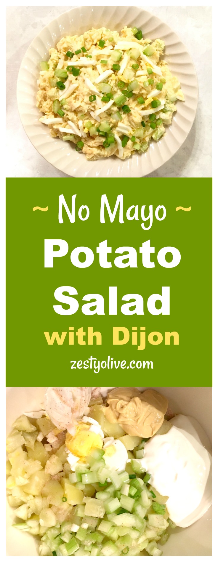 This Easy No Mayo Potato Salad Recipe is will become a favorite at your next picnic, BBQ or potluck. This potato salad is elevated by the spicy addition of Dijon mustard. Sour cream replaces the mayonnaise and the addition of egg, celery, green onions and dill pickle make this a zesty potato salad worthy of your next gathering.