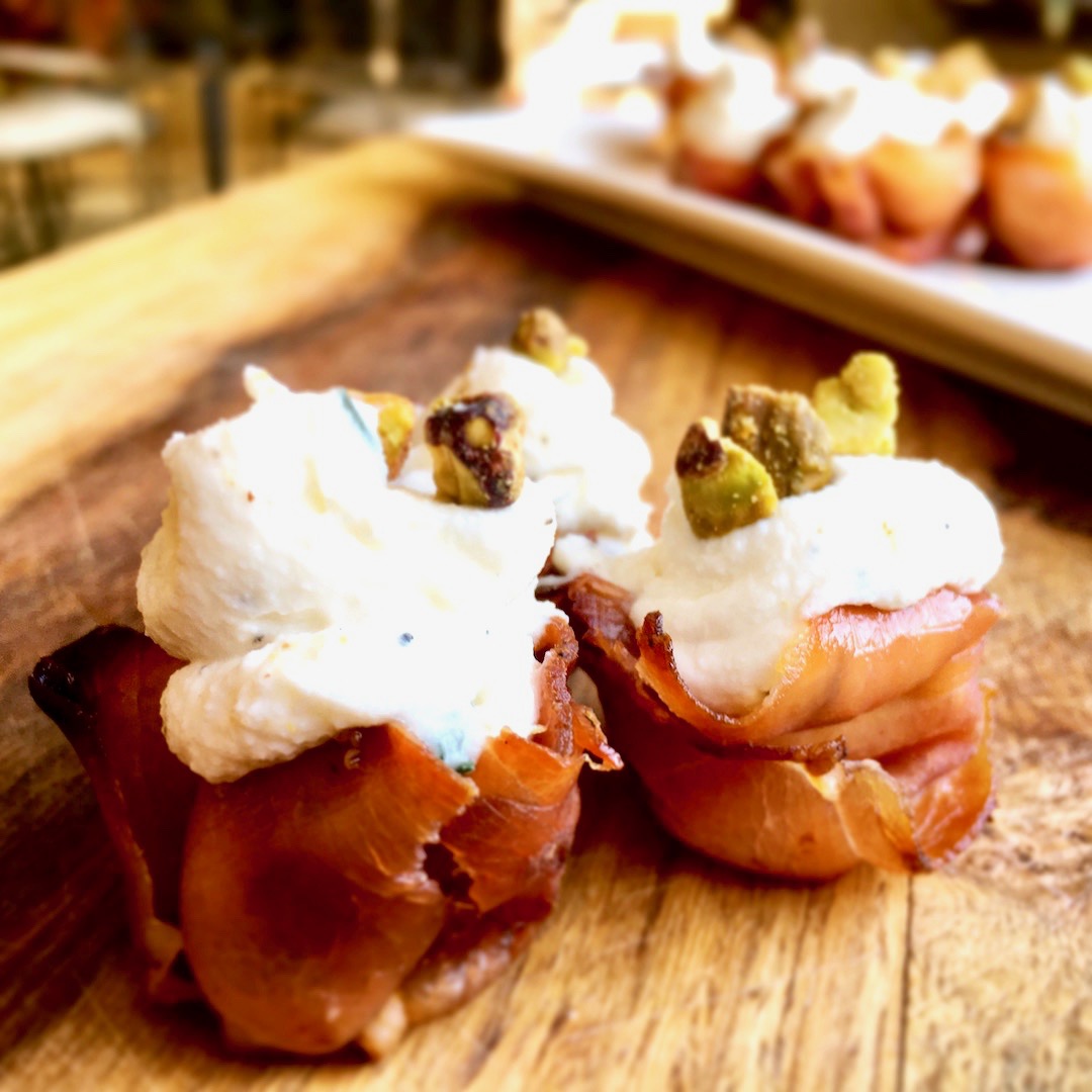 Whipped Goat Cheese and Pistachio Stuffed Prosciutto Cups