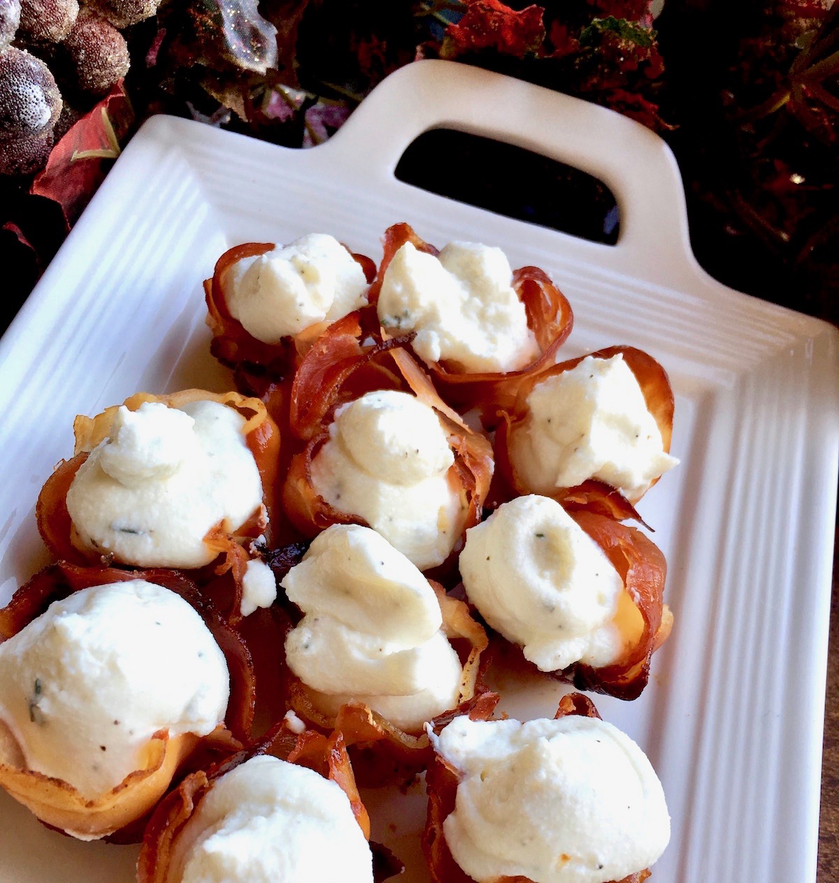Whipped Goat Cheese and Pistachio Stuffed Prosciutto Cups