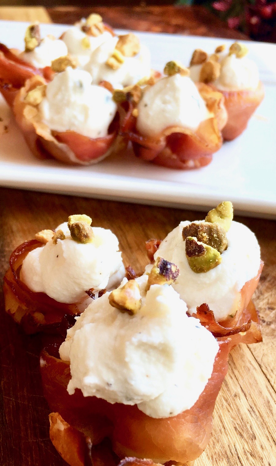 Whipped Goat Cheese and Pistachio Stuffed Prosciutto Cups