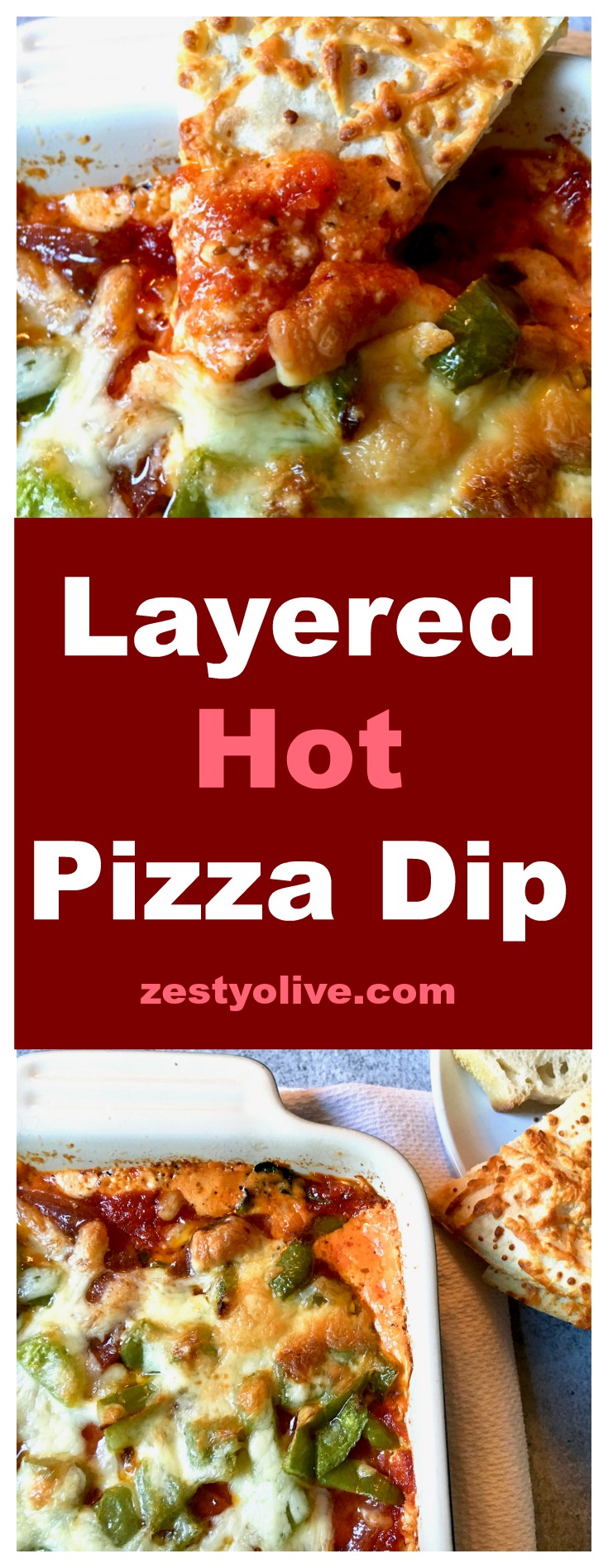 This easy Layered Hot Pizza Dip is perfect for game day parties or anytime you need a cheese fix! Packed with a variety of cheese, veggies and pepperoni, this dip is perfect for Super Bowl parties and beyond.