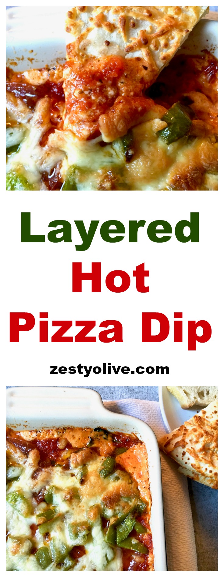 This easy Layered Hot Pizza Dip is perfect for game day parties or anytime you need a cheese fix! Packed with a variety of cheese, veggies and pepperoni, this dip is perfect for Super Bowl parties and beyond.