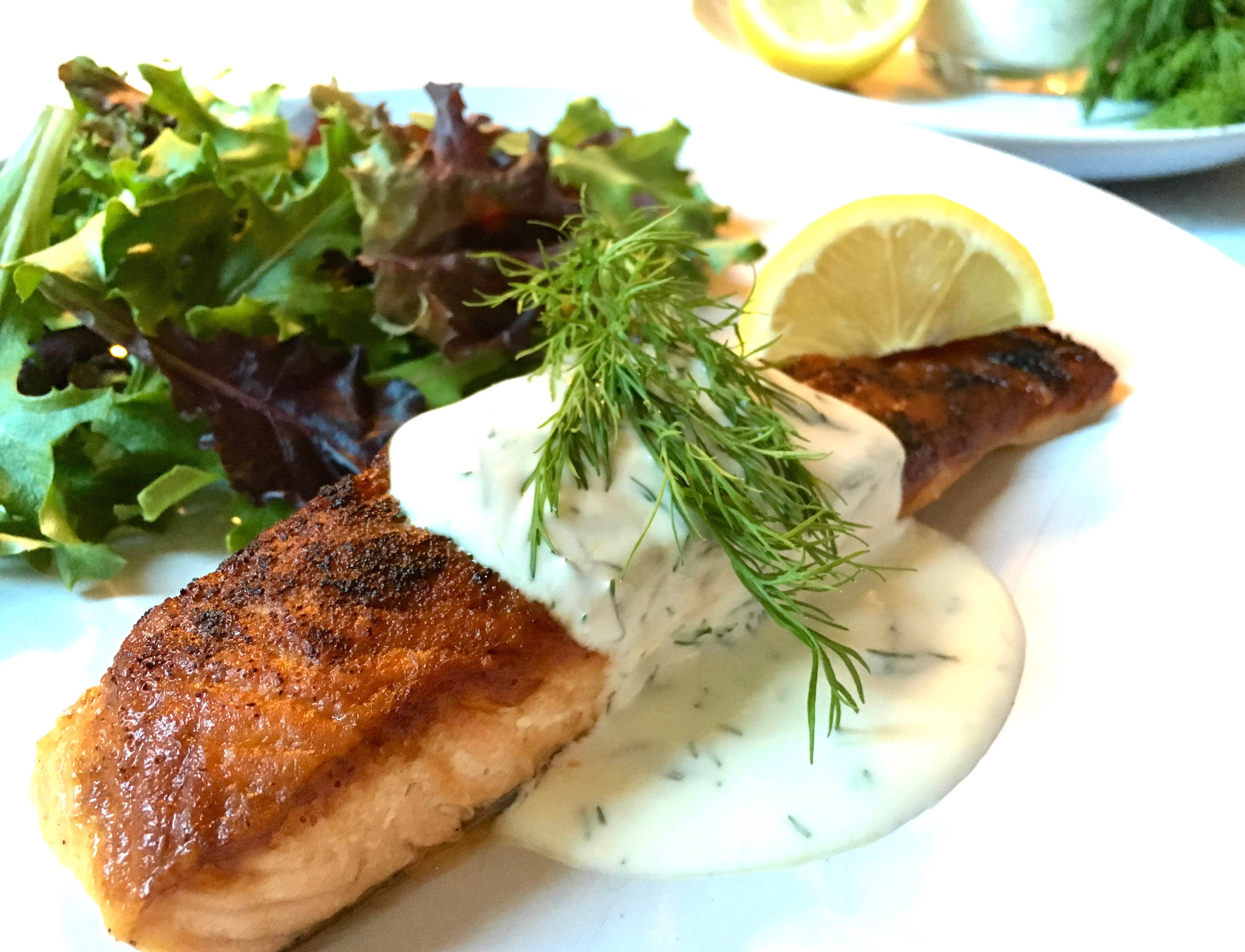 Pan-Seared Salmon with Creamy Greek Yogurt Lemon Dill Sauce