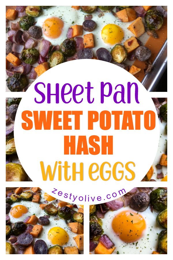 Sheet pan meals are a time saver and this Sheet Pan Sweet Potato Hash With Eggs recipe is no exception. This is a savory twist on the classic eggs and potatoes bake, perfect for breakfast or dinner.