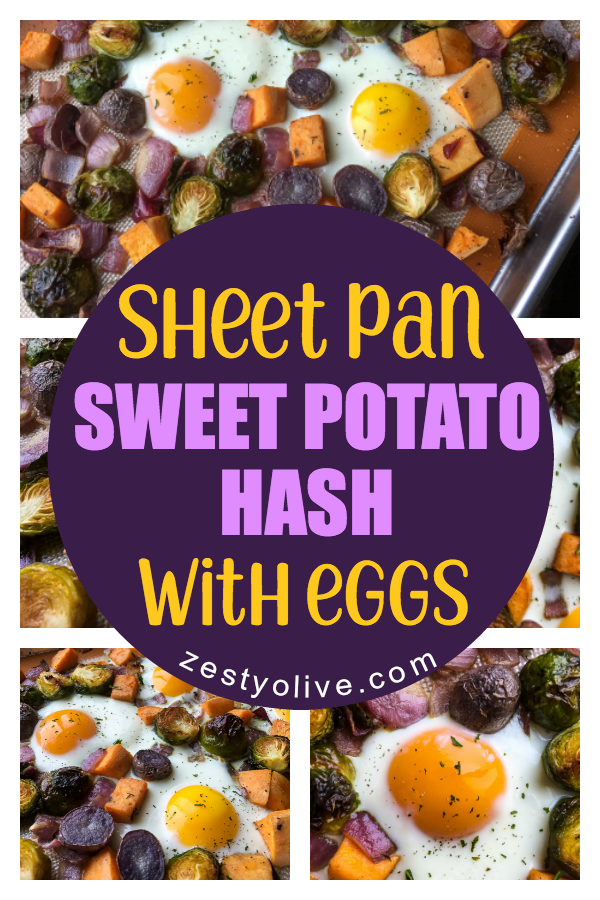 Sheet pan meals are a time saver and this Sheet Pan Sweet Potato Hash With Eggs recipe is no exception. This is a savory twist on the classic eggs and potatoes bake, perfect for breakfast or dinner.