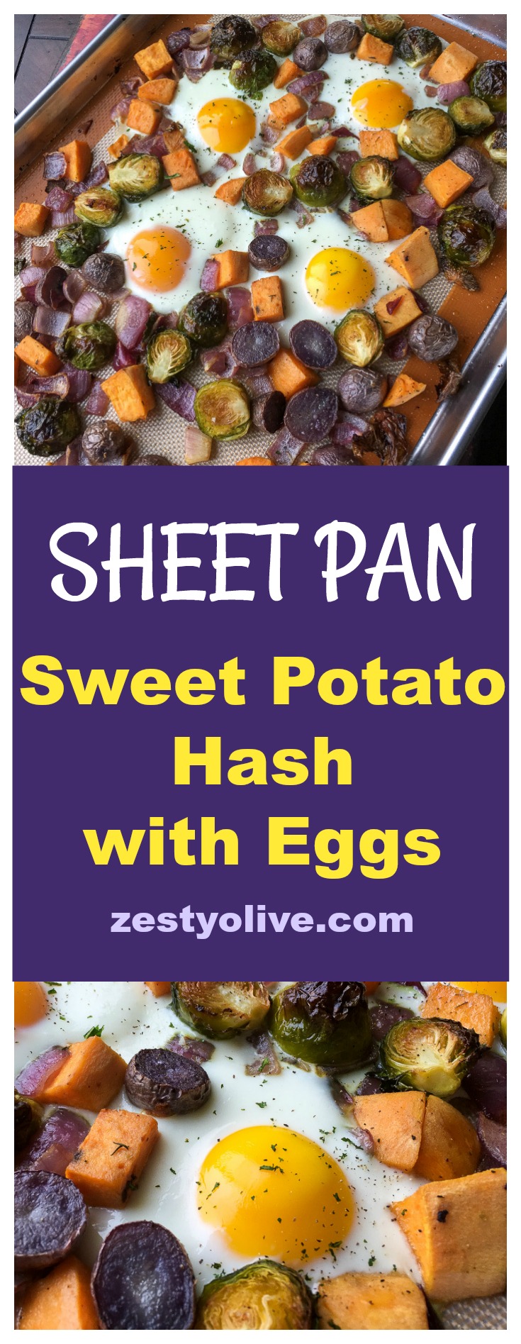 Sheet pan meals are a time saver and this Sheet Pan Sweet Potato Hash With Eggs recipe is no exception. This is a savory twist on the classic eggs and potatoes bake, perfect for breakfast or dinner.