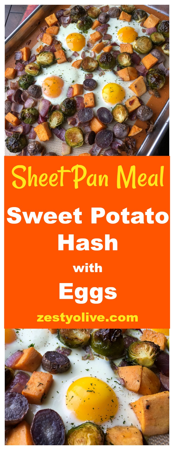Sheet pan meals are a time saver and this Sheet Pan Sweet Potato Hash With Eggs recipe is no exception. This is a savory twist on the classic eggs and potatoes bake, perfect for breakfast or dinner.