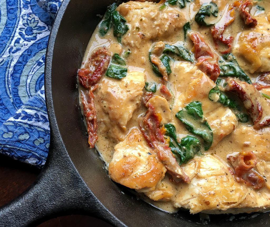 Bring a taste of Tuscany home with this simple, quick and delicious recipe for Skillet Garlic Chicken with Sun-dried Tomatoes and Pecorino Cream Sauce.