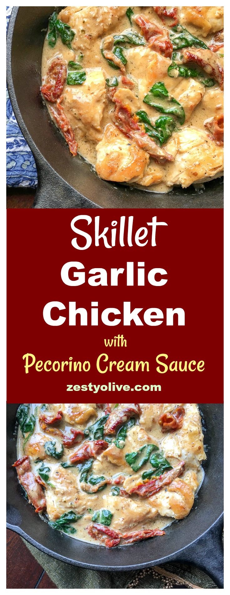 Bring a taste of Tuscany home with this simple, quick and delicious recipe for Skillet Garlic Chicken with Sun-dried Tomatoes and Pecorino Cream Sauce.