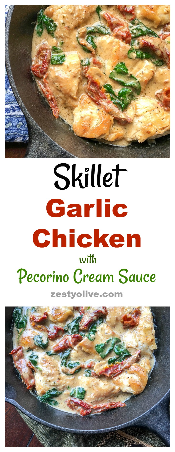 Bring a taste of Tuscany home with this simple, quick and delicious recipe for Skillet Garlic Chicken with Sun-dried Tomatoes and Pecorino Cream Sauce.