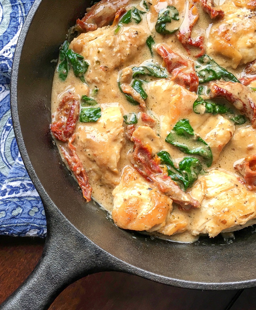 Bring a taste of Tuscany home with this simple, quick and delicious recipe for Skillet Garlic Chicken with Sun-dried Tomatoes and Pecorino Cream Sauce.