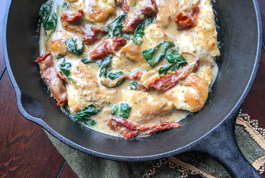 Bring a taste of Tuscany home with this simple, quick and delicious recipe for Skillet Garlic Chicken with Sun-dried Tomatoes and Pecorino Cream Sauce.