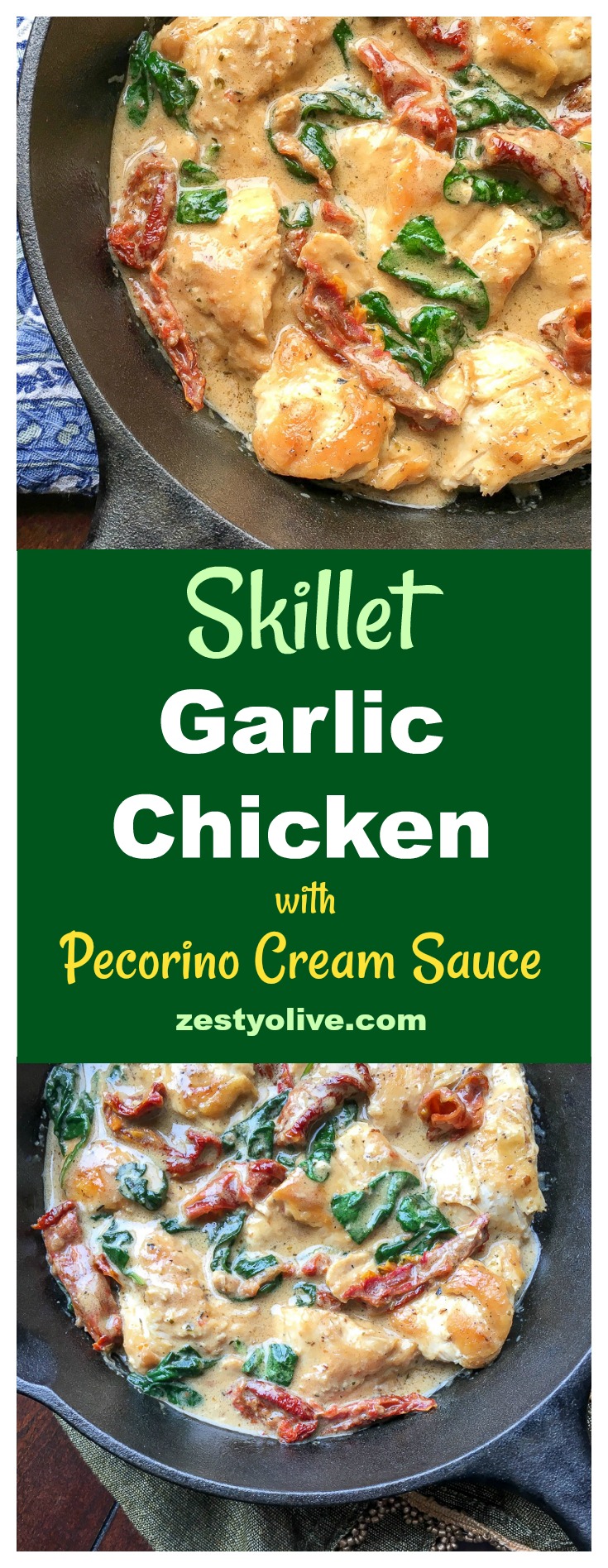 Bring a taste of Tuscany home with this simple, quick and delicious recipe for Skillet Garlic Chicken with Sun-dried Tomatoes and Pecorino Cream Sauce.