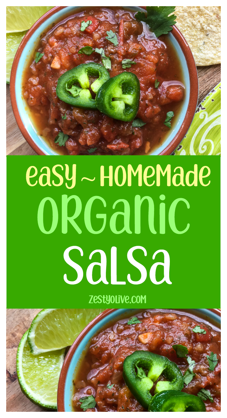 This easy and healthy organic homemade salsa recipe uses all fresh ingredients and comes together in just 20 minutes. Amp up the heat factor by adding more jalapeño. Keeps well in the refrigerator, so make a double batch for later.
