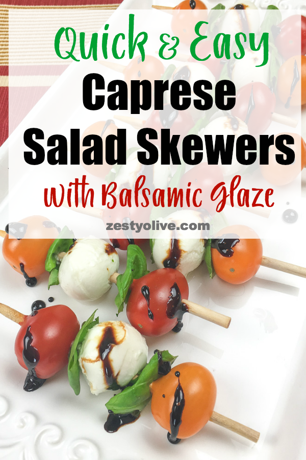This quick and easy appetizer is sure to be a hit at your next party. Traditional elements of a Caprese salad, tomato, basil and mozzarella are arranged on a short skewer for an instant and savory appetizer. Drizzle with a rich balsamic glaze and serve. 