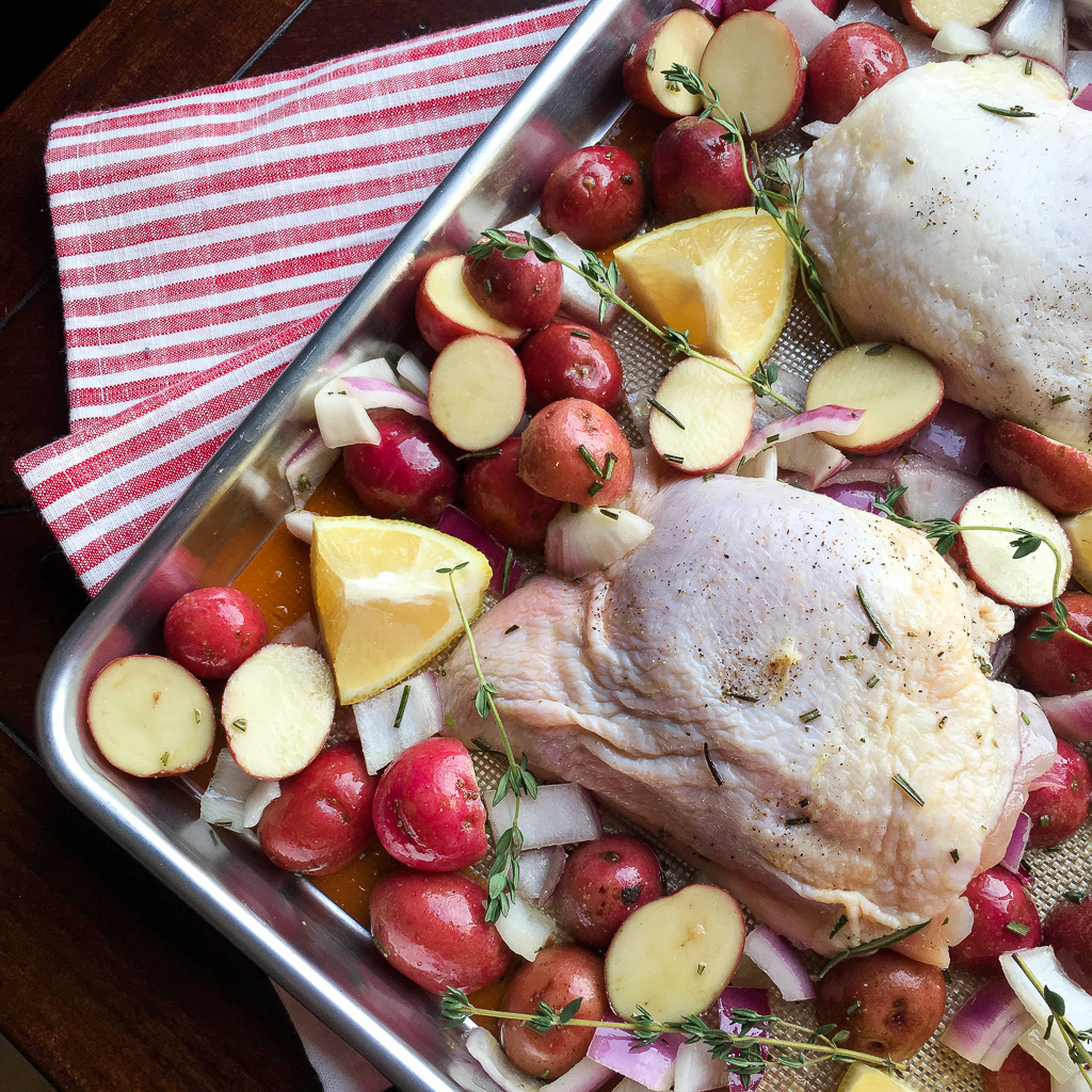This easy Sheet Pan Herb-Roasted Chicken with Red Potatoes will become a family favorite. This dinner can be prepped and in the oven in 10 minutes. Serve up this delicious, juicy chicken and savory potatoes and be prepared for the compliments!