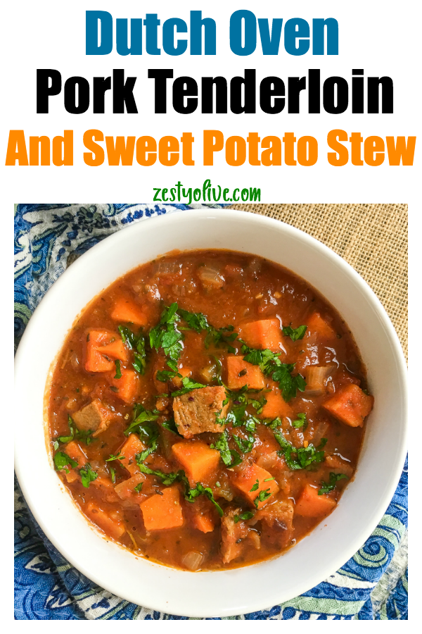 This quick and flavorful one pot Dutch Oven Pork Tenderloin And Sweet Potato Stew is super easy to put together on a busy weeknight. My dutch oven does all the work to keep the pork tender while perfectly cooking the spicy veggies for a delicious melt-in-your-mouth hearty stew.